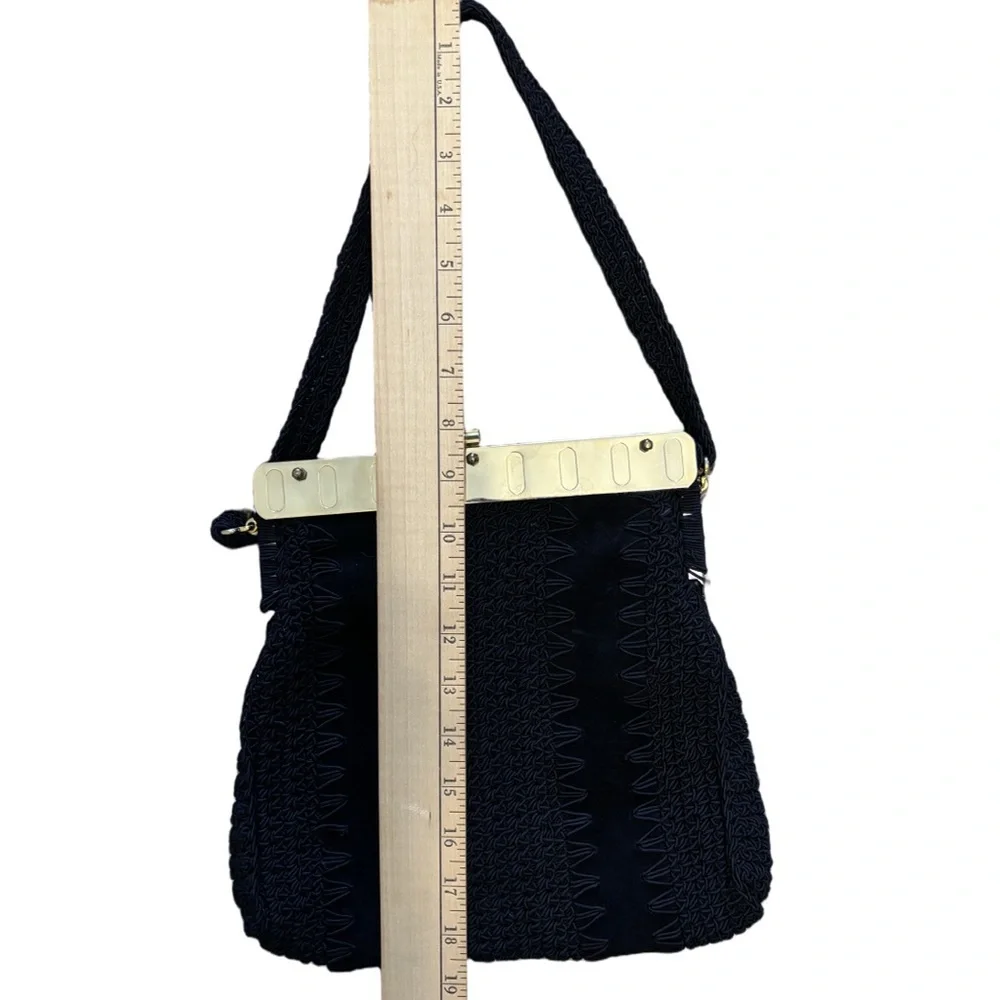 Vintage Italian Woven Knit Handbag – Black – Structured Top Handle - 1960s